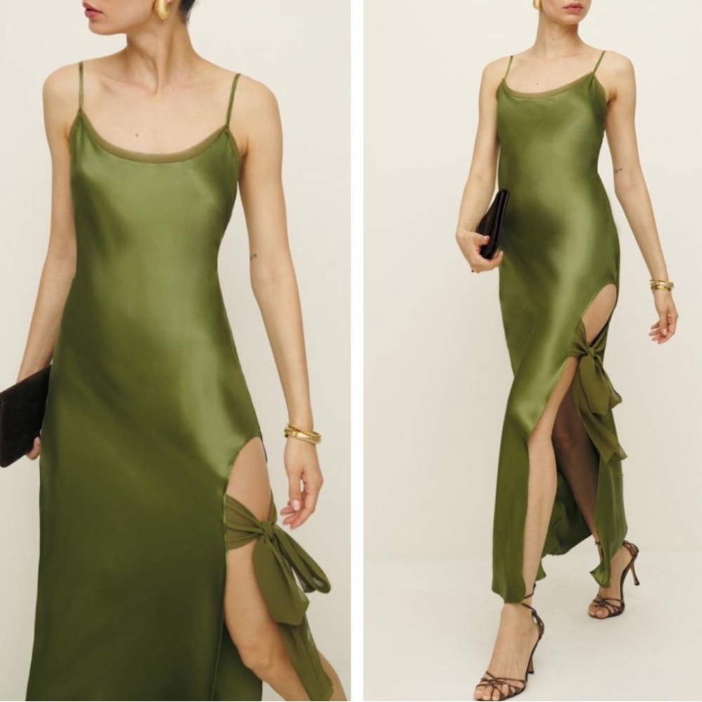 Reformation Malorie Silk Leaf Green Thigh Tie Maxi Dress Size 12